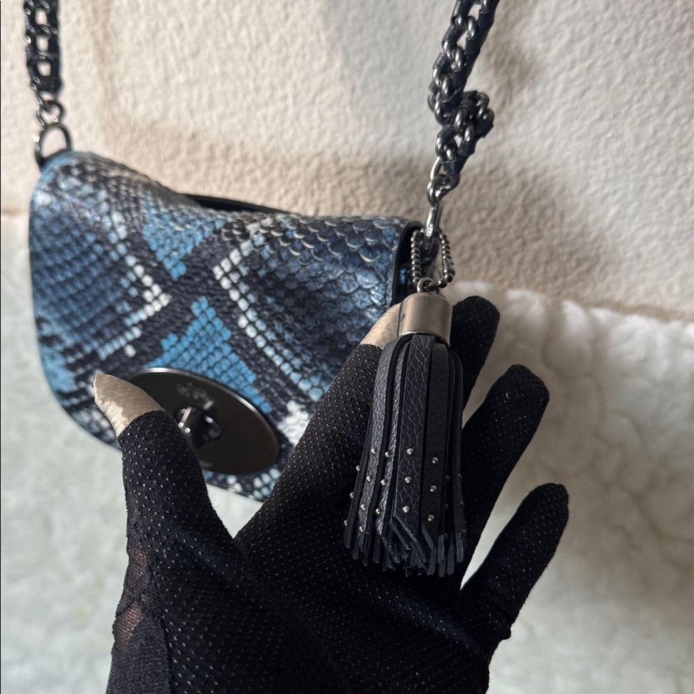 Coach Blue Snake-Print Crossbody Bag with Tassel - Picture 9 of 9